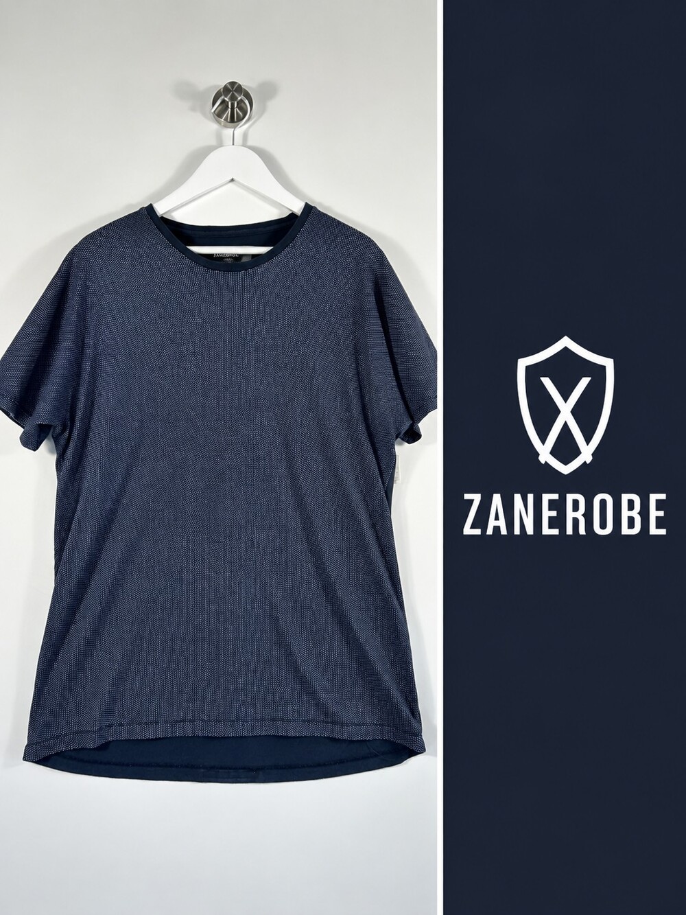 ZANEROBE Men’s Navy Micro Dot Longline T-Shirt Size M 100% Cotton